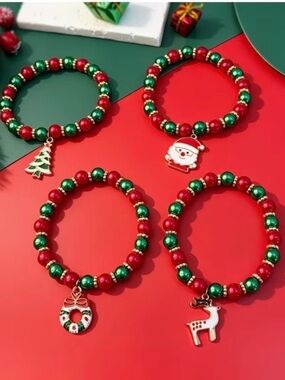 Set of 4 Christmas Holiday Red Green Beaded Elastic Dangle Charm Bracelets